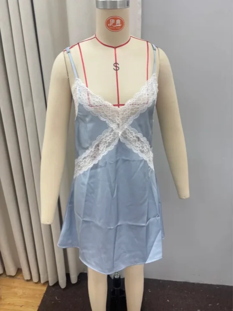 Pale Blue Lace Trim Satin-Look Maxi Slip Dress
