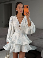 Floral V-Neck Puff Sleeve Mini Dress
