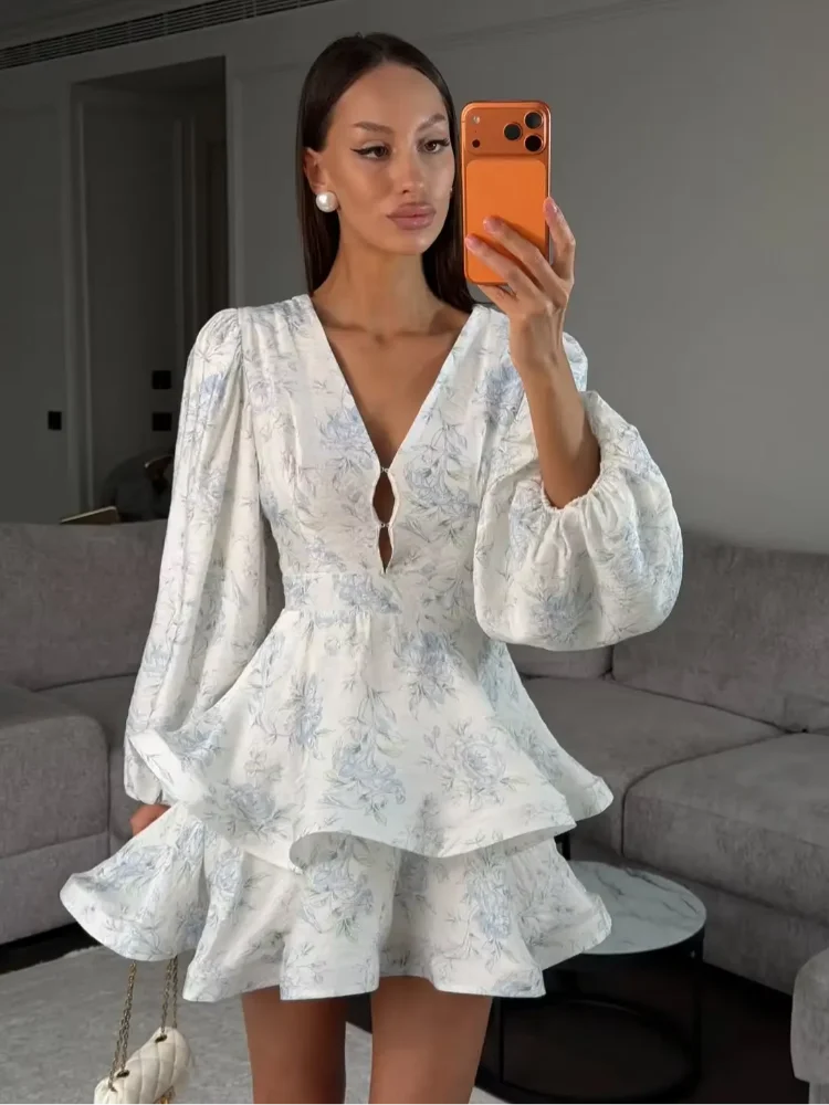 Floral V-Neck Puff Sleeve Mini Dress