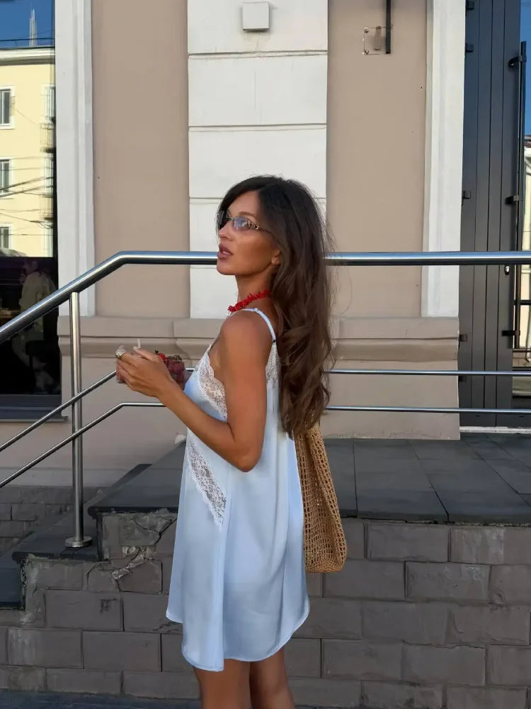 Pale Blue Lace Trim Satin-Look Maxi Slip Dress