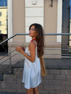 Pale Blue Lace Trim Satin-Look Maxi Slip Dress