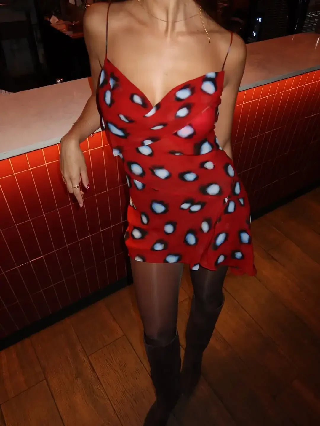 Red Ruched Polka Dot Mini Dress