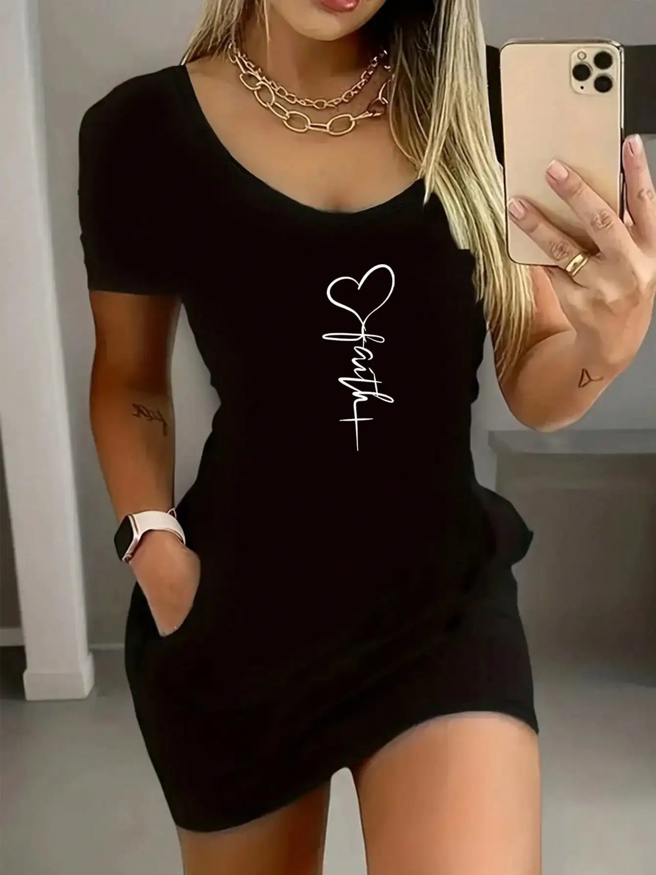 Heart Print Round Neck Mini Dress