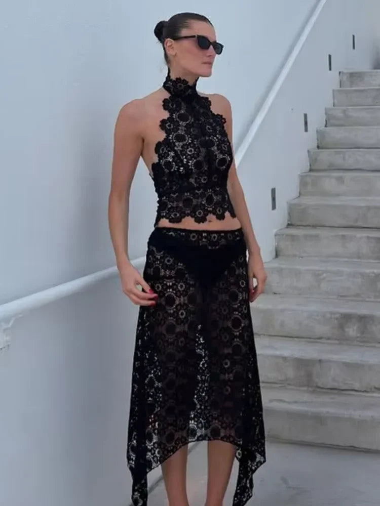 Floral Lace Halter Midi Skirt Set