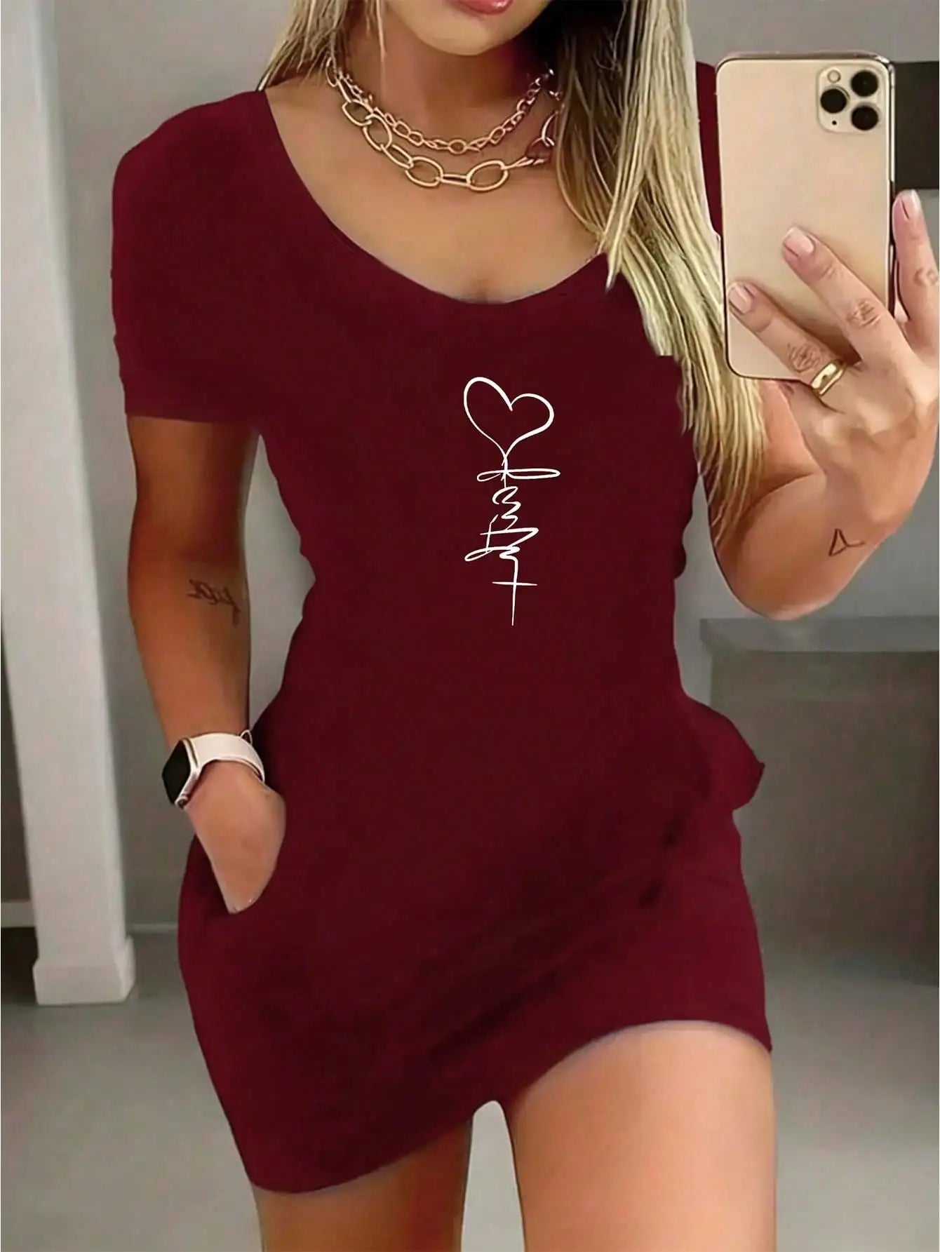 Heart Print Round Neck Mini Dress