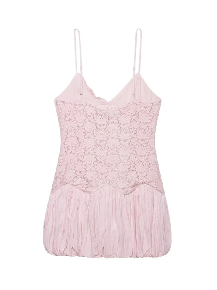Pale Pink Lace Bubble Hem Mini Dress