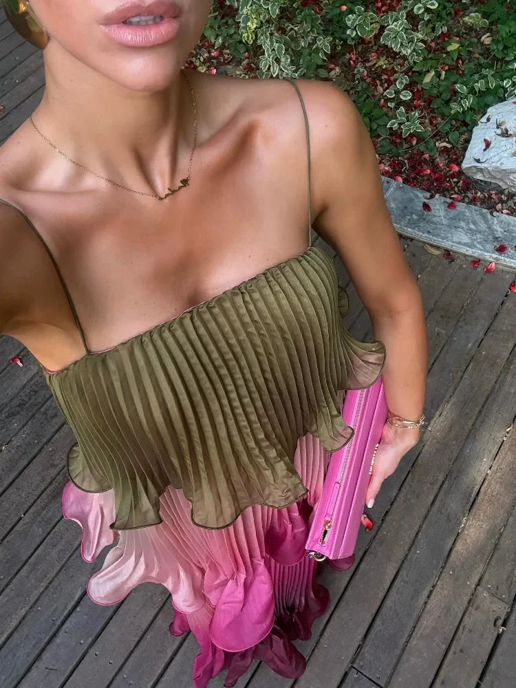 Colour-Block Pleated Ruffle Maxi Dress