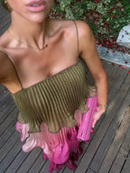 Colour-Block Pleated Ruffle Maxi Dress