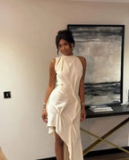 Ruched Halter Asymmetrical Maxi Dress