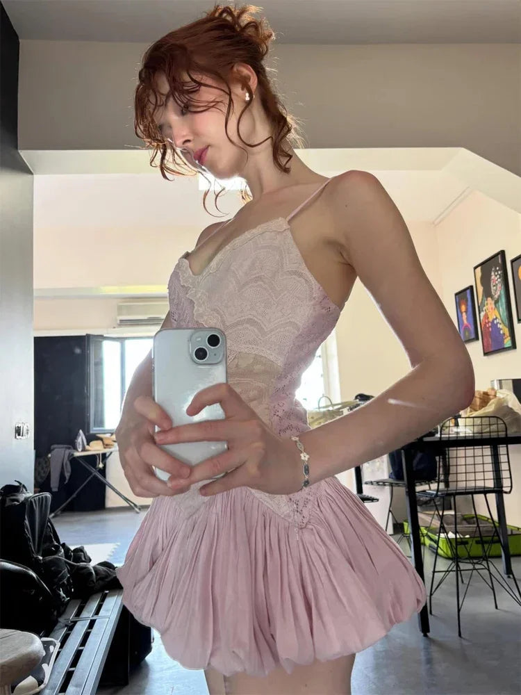 Pale Pink Lace Bubble Hem Mini Dress