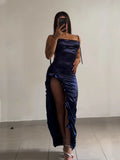 Ruched Cowl Neck Open-Back Cutout Maxi Dress
