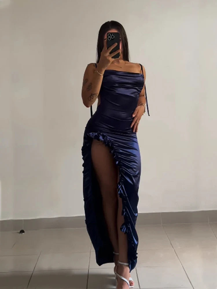 Ruched Cowl Neck Open-Back Cutout Maxi Dress