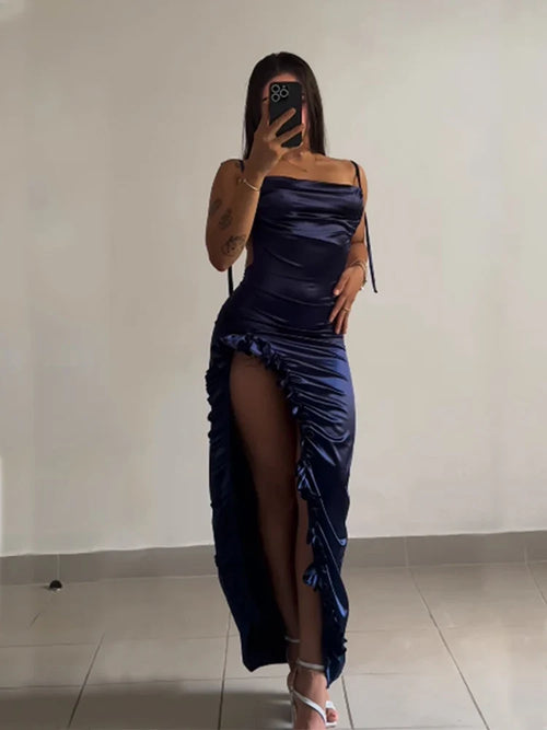 Ruched Cowl Neck Open-Back Cutout Maxi Dress