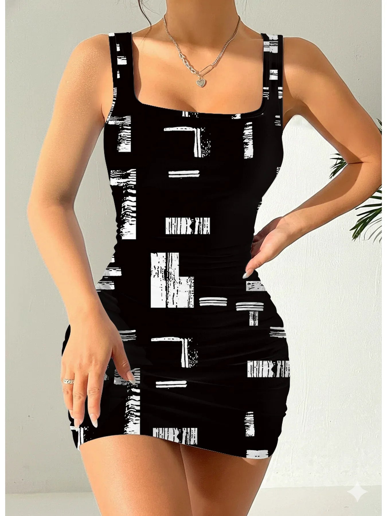 Geometric Square Neck Mini Dress