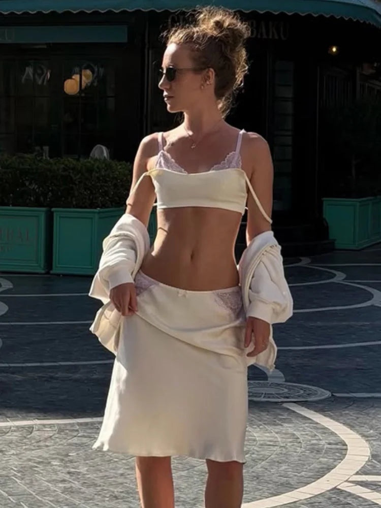 Lace Trim Satin-Look Midi Skirt Set