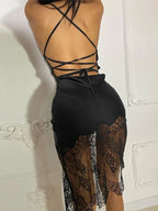 Satin-Effect Lace Panel Midi Slip Dress