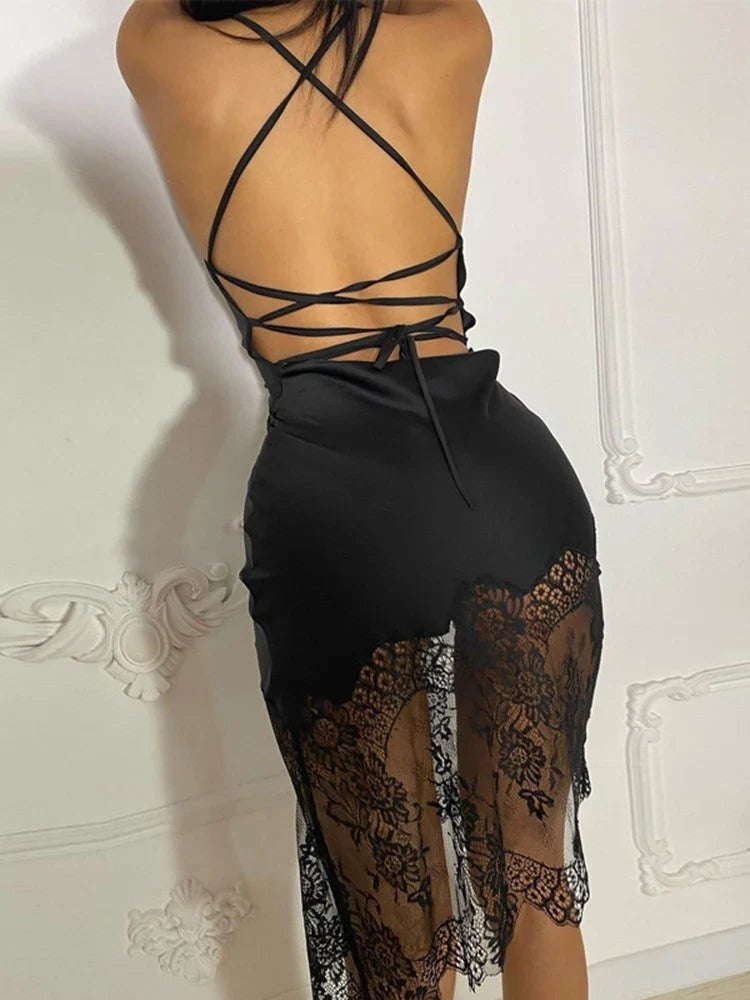 Satin-Effect Lace Panel Midi Slip Dress