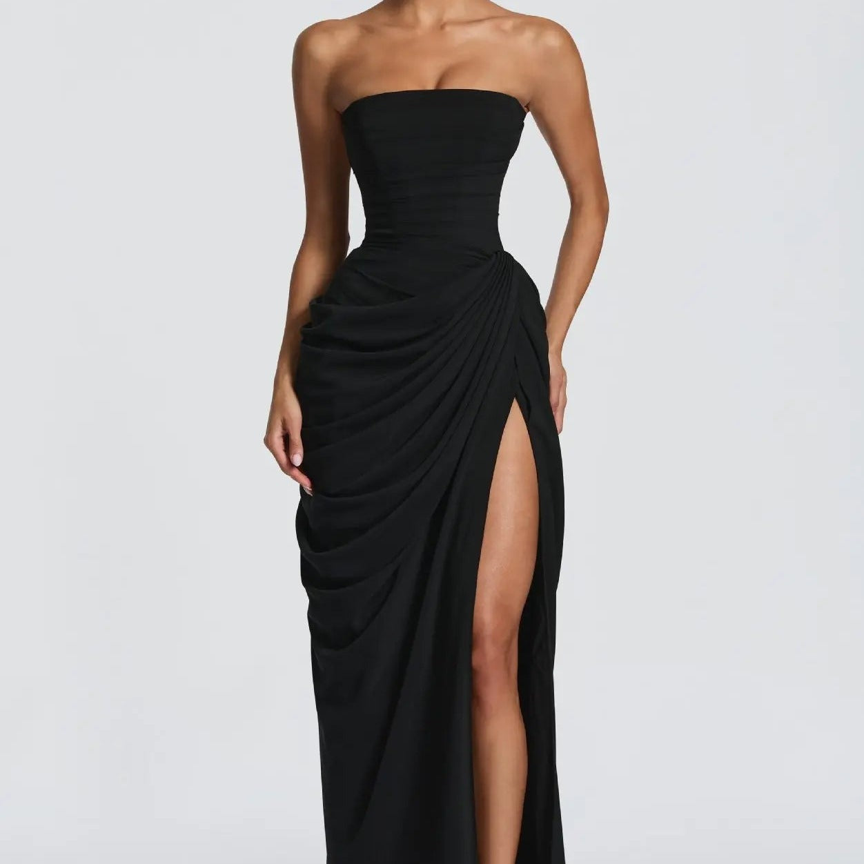 Draped High-Slit Evening Maxi Dress
