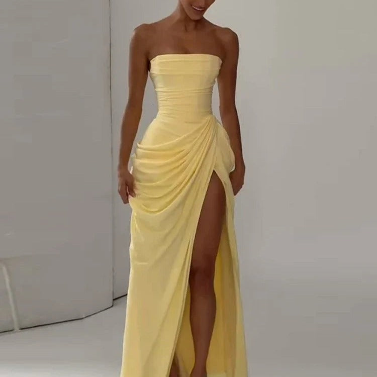 Draped High-Slit Evening Maxi Dress