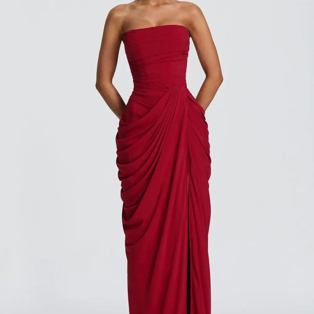Draped High-Slit Evening Maxi Dress
