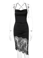 Satin-Effect Lace Panel Midi Slip Dress