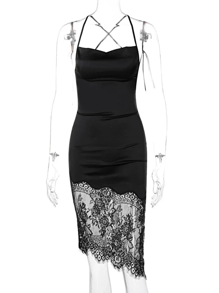 Satin-Effect Lace Panel Midi Slip Dress