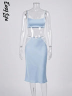 Lace Trim Satin-Look Midi Skirt Set