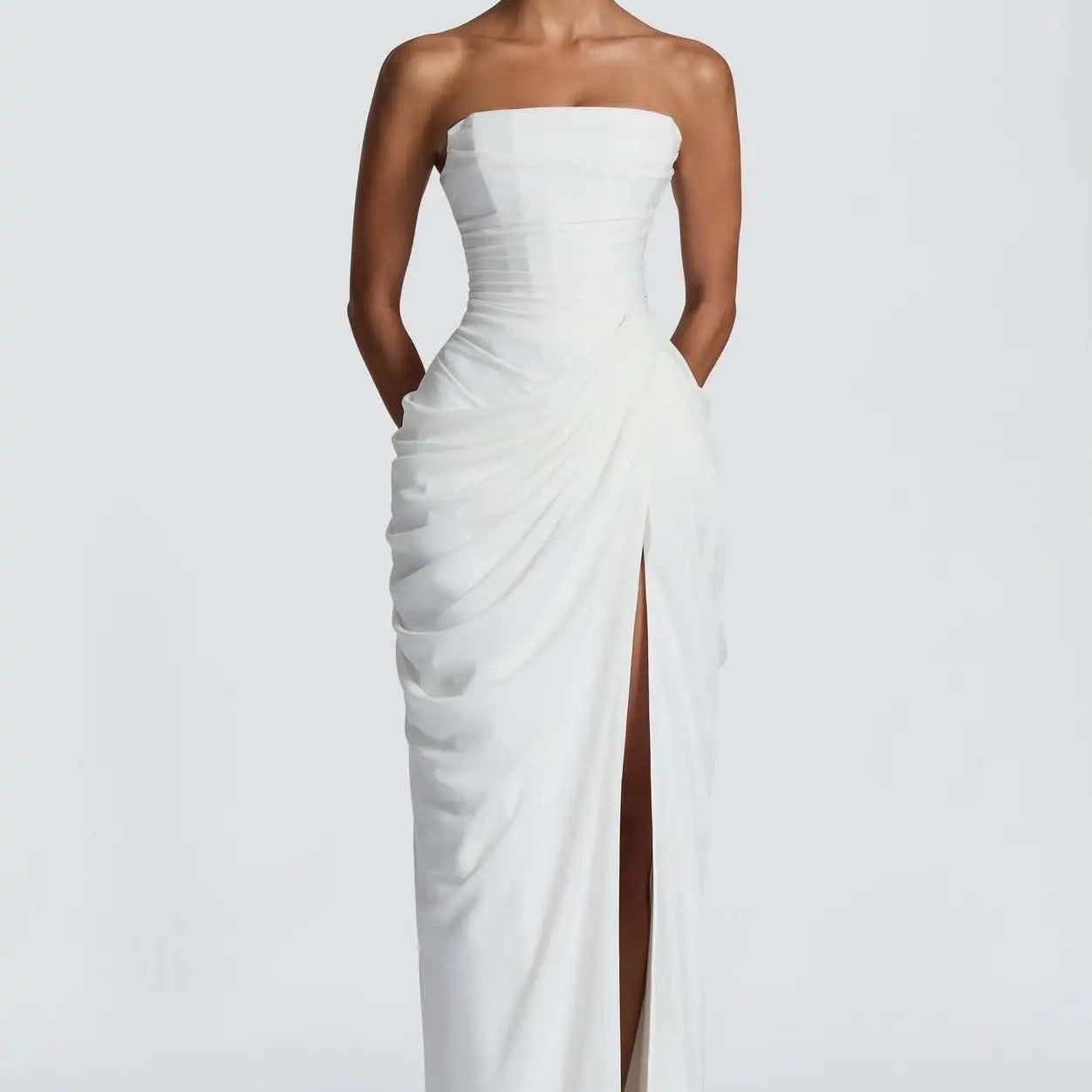 Draped High-Slit Evening Maxi Dress